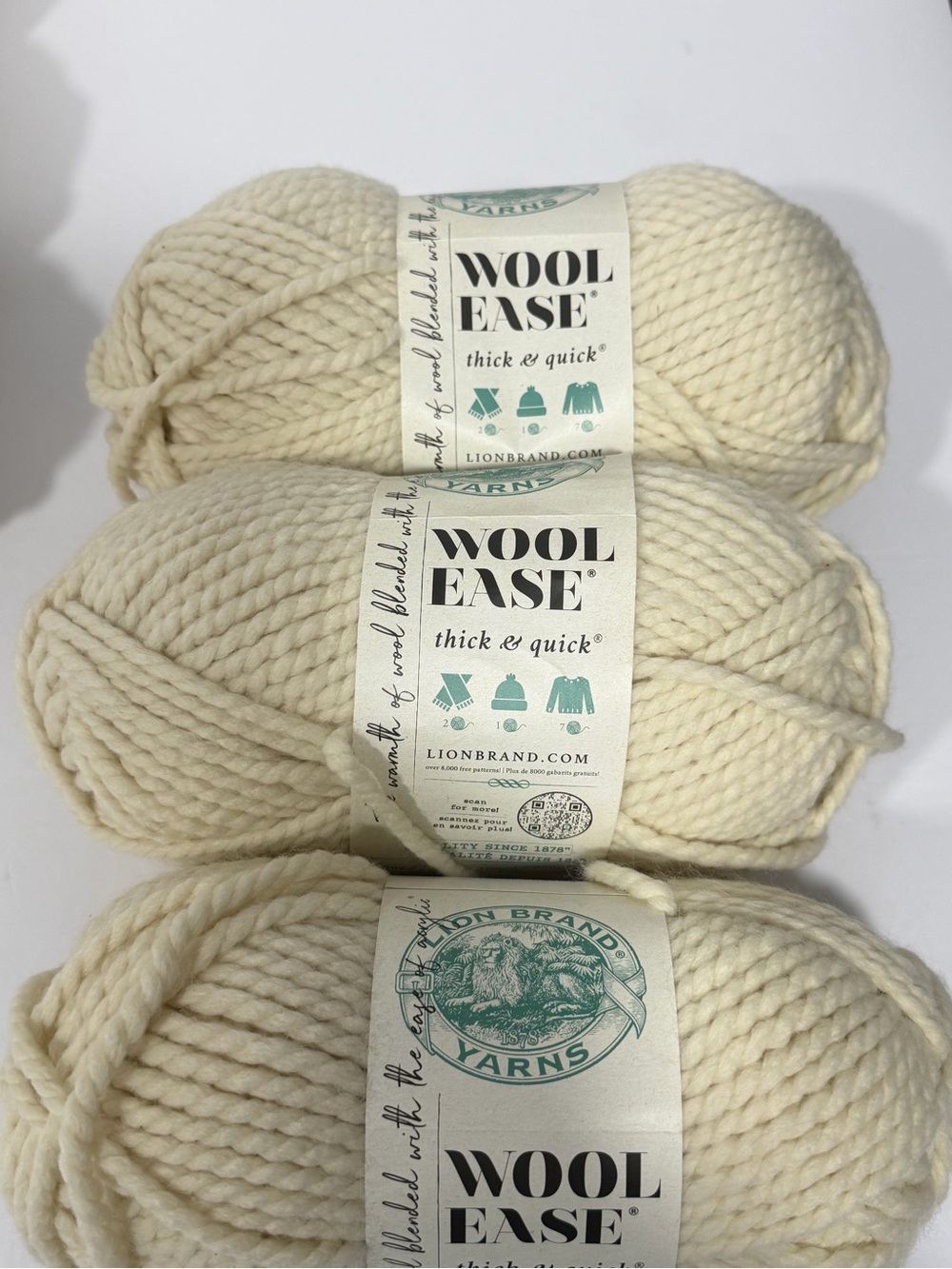 Lion brand Wool Ease Thick & Quick natural Cream color.